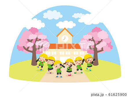 幼稚園の前で決めポーズをする卒園する可愛いキッズ ドーム型 のイラスト素材