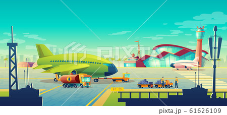 cartoon airport landscape, airliner on runway 61626109
