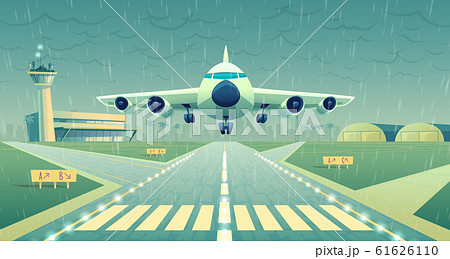 cartoon white airliner, jet over runway 61626110