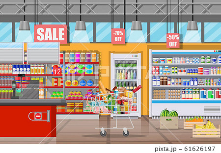 Supermarket store interior with goods. Supermarket store interior with goods. 61626197