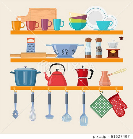 Kitchen shelves with tableware 61627497