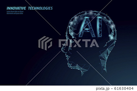 AI artificial intelligence robot support 3D. Virtual assistant voice recognition service technology. Chatbot human brain profile low poly vector illustration 61630404