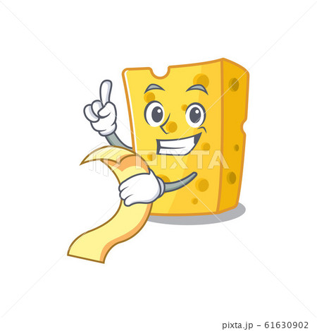 A funny cartoon character of emmental cheese with a menu 61630902