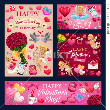 Valentines day love heart ballons, cupids, roses 61632109