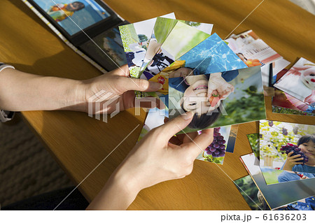 子供の写真を整理する母親手元 61636203