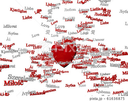 CG of red heart figure spreading red and white words "Love" in different languages 61636875