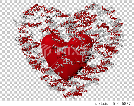 CG of red heart figure and red and white words "Love" floating around it in a heart shape CG of red heart figure and red and white words "Love" floating around it in a heart shape 61636877
