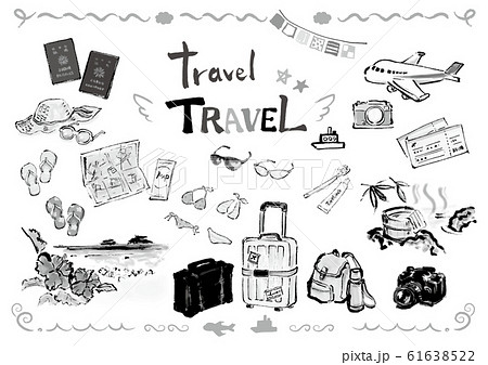 モノクロ 白黒 単色 線画 旅行 素材 旅行素材 旅行素材セット 旅行セット 旅行集合 セット 集合のイラスト素材