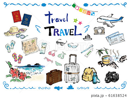 旅行 素材 旅行素材 旅行素材セット 旅行セット 旅行集合 セット 集合 トラベル Travel Tのイラスト素材