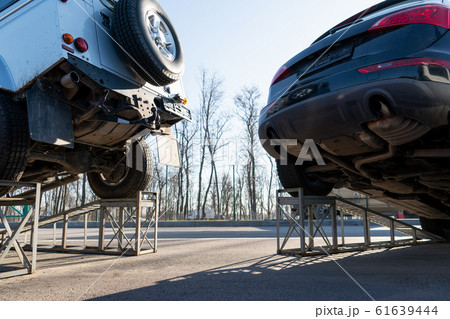 SUV car bottom view. Transmission and suspension SUV car bottom view. Transmission and suspension 61639444