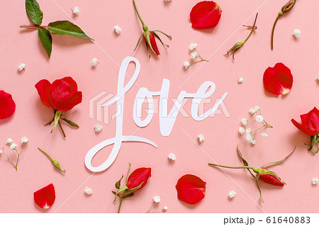 Red flowers and text LOVE on a light pink 61640883
