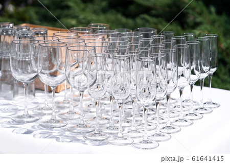 Set of blank empty wine glasses displayed in rows. Set of blank empty wine glasses displayed in rows. 61641415