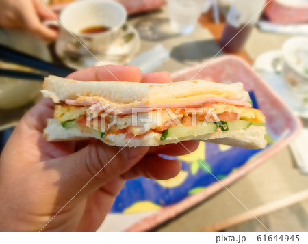 手に持ったハムとチーズ、トマト、たまご焼きが挟んであるサンドウィッチ 61644945