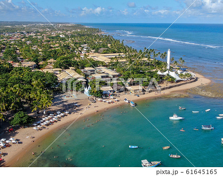 Aerial view of Praia Do Forte coastline village with beach and blue clear sea water 61645165
