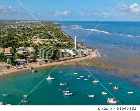 Aerial view of Praia Do Forte coastline village with beach and blue clear sea water 61645182