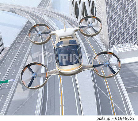 高速道路の上に飛行している空飛ぶクルマのイメージ 61646658