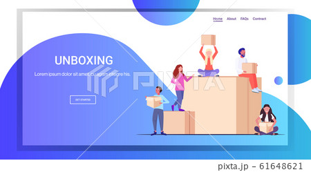 men women bloggers opening parcel boxes recording unboxing video live streaming social media mail delivery shipment blogging concept full length horizontal copy space 61648621