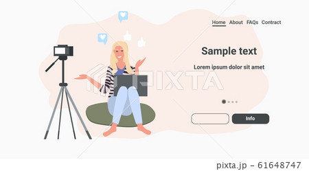 woman blogger with laptop recording video blog using digital camera on tripod live streaming social media network blogging concept horizontal full length copy space 61648747