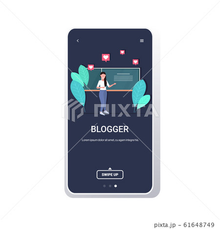 teacher blogger teaching in front of chalkboard live streaming social network blogging concept woman giving educational training full length smartphone screen online mobile app copy space 61648749