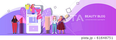 fashion beauty bloggers showing clothes and latest trend makeup tutorials mix race women recording online video live streaming blogging concept smartphone screen mobile app horizontal copy space fashion beauty bloggers showing clothes and latest trend makeup tutorials mix race women recording online video live streaming blogging concept smartphone screen mobile app horizontal copy space 61648751