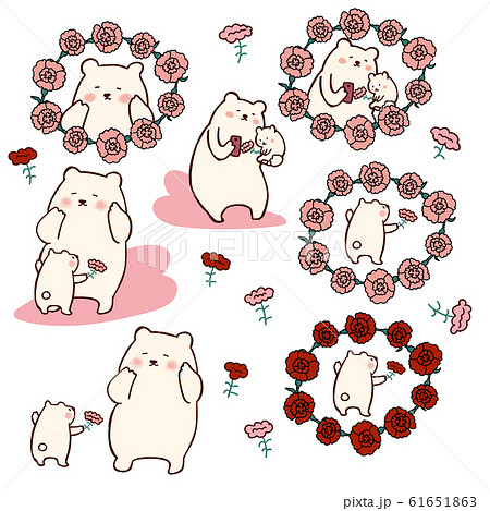 母の日のシロクマ親子とカーネーションのイラスト素材