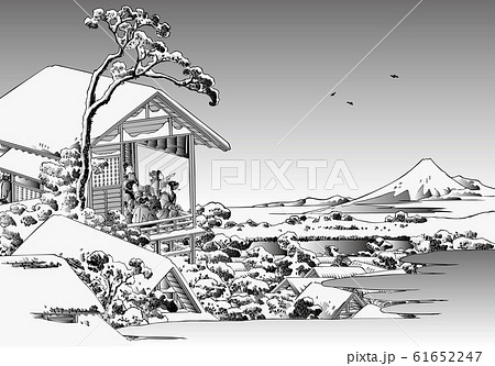 葛飾北斎イメージ礫川雪ノ旦白黒 61652247