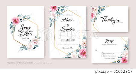 Wedding Invitation Card Set 白バラとピオニー花 結婚式招待状 のイラスト素材