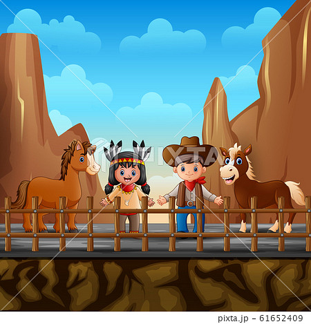 Cowboy with indian girl and horse at the desert - Stock Illustration  [61652409] - PIXTA