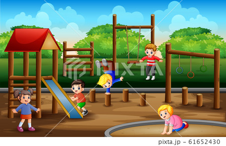 Happy kids playing in playground scene Happy kids playing in playground scene 61652430