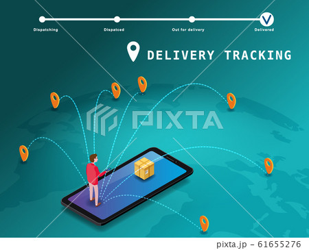 Global tracking system Delivery service online isometric design with smartphone, user man, markers, boxes on map Earth. GPS navigation smart logistics and transportation concept. Vector isolated 61655276