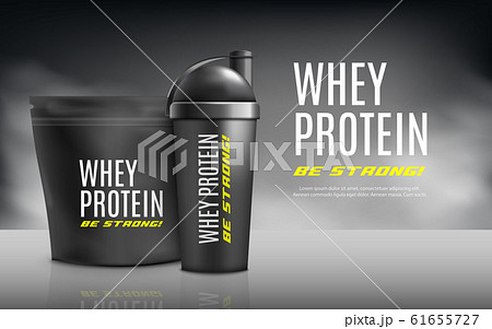 Whey protein advertising banner template 3d realistic vector illustration. 61655727