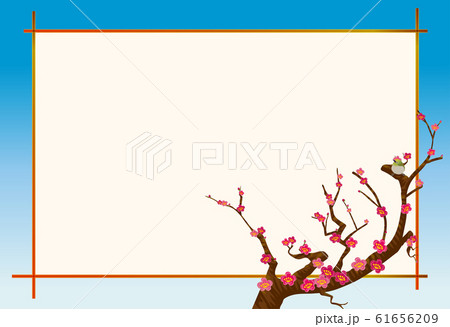 春のイメージの風景イラスト 紅梅とメジロのイラストと和風の背景素材のイラスト素材 61656209 Pixta