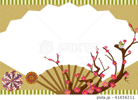 春のイメージの風景イラスト 紅梅とメジロのイラストと和風の扇子の背景素材のイラスト素材