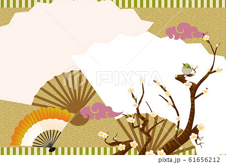春のイメージの風景イラスト 白梅とメジロのイラストと和風の扇子の背景素材のイラスト素材