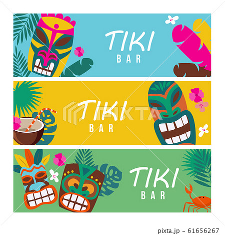 Set of summer banners with Tiki masks and tropical plants vector illustration. Set of summer banners with Tiki masks and tropical plants vector illustration. 61656267
