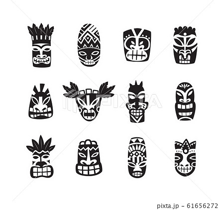 Black And White Tiki Mask Drawing Icon Set Stock Illustration