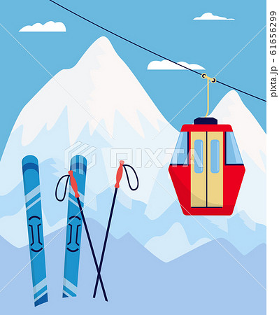 Winter ski resort poster with skiing equipment and red cableway car Winter ski resort poster with skiing equipment and red cableway car 61656299