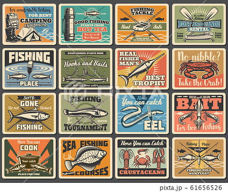 fishing sport, tackles, hooks retro signs 61656526