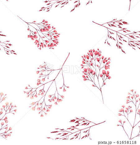 Beautiful seamless pattern with watercolor herbarium wild dried grass in pink and yellow colors. Stock illustration. 61658118