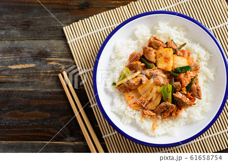 Stir-fried pork with kimchi eating with rice, Korean food Stir-fried pork with kimchi eating with rice, Korean food 61658754