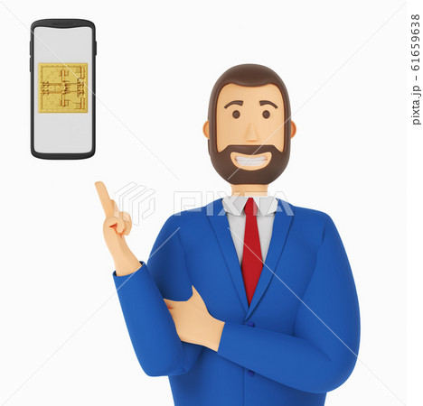 Cartoon character, businessman in suit with pointing finger at mobile phone vault door. 3d rendering 61659638
