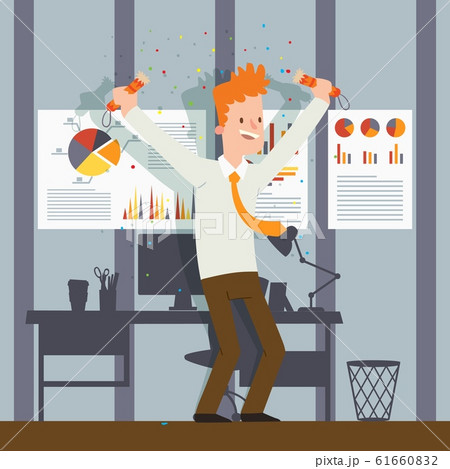 Office employee celebrating, vector illustration. Happy businessman cartoon character, successful project manager. Professional career success celebration, startup progress 61660832