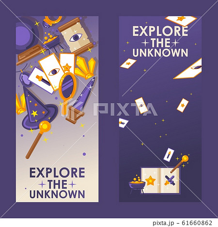 Vertical banners with magic trick items, vector illustration. Flat style cartoon icons, symbols of witchcraft and sorcery. Magical accessories and cards, mystical artifacts Vertical banners with magic trick items, vector illustration. Flat style cartoon icons, symbols of witchcraft and sorcery. Magical accessories and cards, mystical artifacts 61660862
