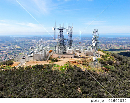 Aerial view of telecommunication antennas on the top of Mountain 61662032