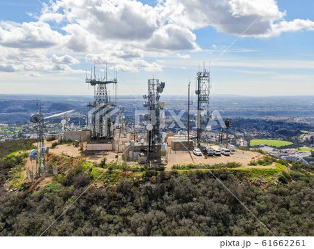 Aerial view of telecommunication antennas on the top of Mountain 61662261