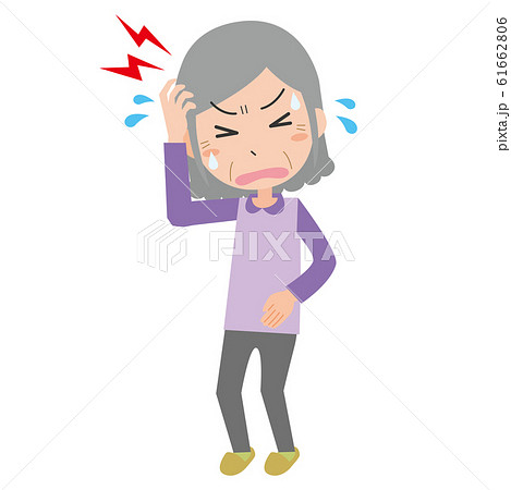 おばあさん 女性 頭痛 痛み 偏頭痛 片頭痛 脳出血 脳梗塞のイラスト素材