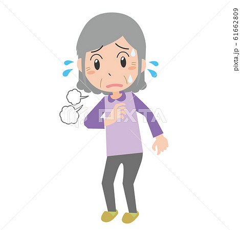 おばあさん　動悸息切れ　女性　息が上がる　息遣い　深呼吸　更年期障害 61662809