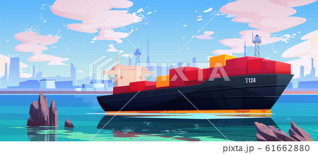 Cargo ship in sea port dock, industrial vessel 61662880