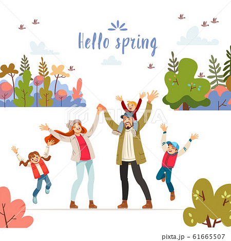 Big family in nature. Hello spring. Modern flat concept for web design. Vector illustration can use for landing page, template, web, mobile app, poster, banner, postcard. Big family in nature. Hello spring. Modern flat concept for web design. Vector illustration can use for landing page, template, web, mobile app, poster, banner, postcard. 61665507