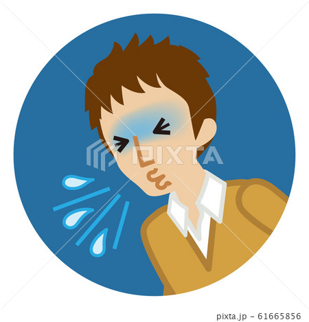 くしゃみをする男子高校生 風邪の症状 円形クリップアートのイラスト素材